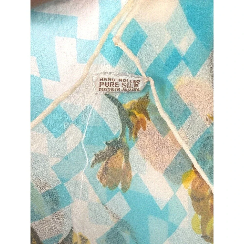 Vintage Pure Silk Chiffon Scarf 23” Aqua Floral Geometric Hand Rolled Japan